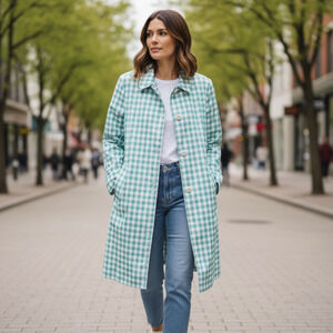 LL Bean Women’s Mackintosh Jacket – Petite SMALL - Marine Aqua/Raincoat Gingham